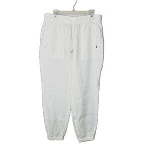 Athleta Retreat Linen Jogger Pants Womens M White Pull On Drawstring Zip Pockets